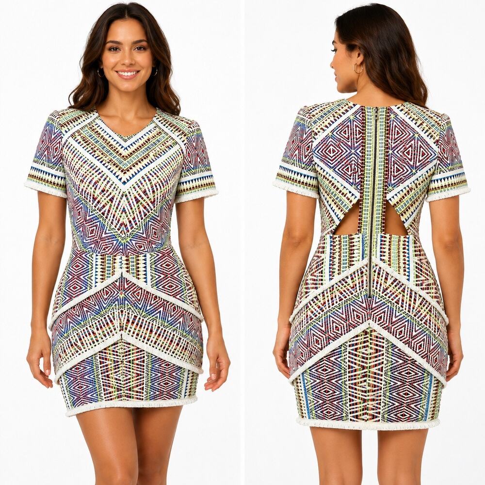 Adelyn Rae XS Geometric Mini Dress Multicolor Fringe Cutout Zip Boho Sharp Dress